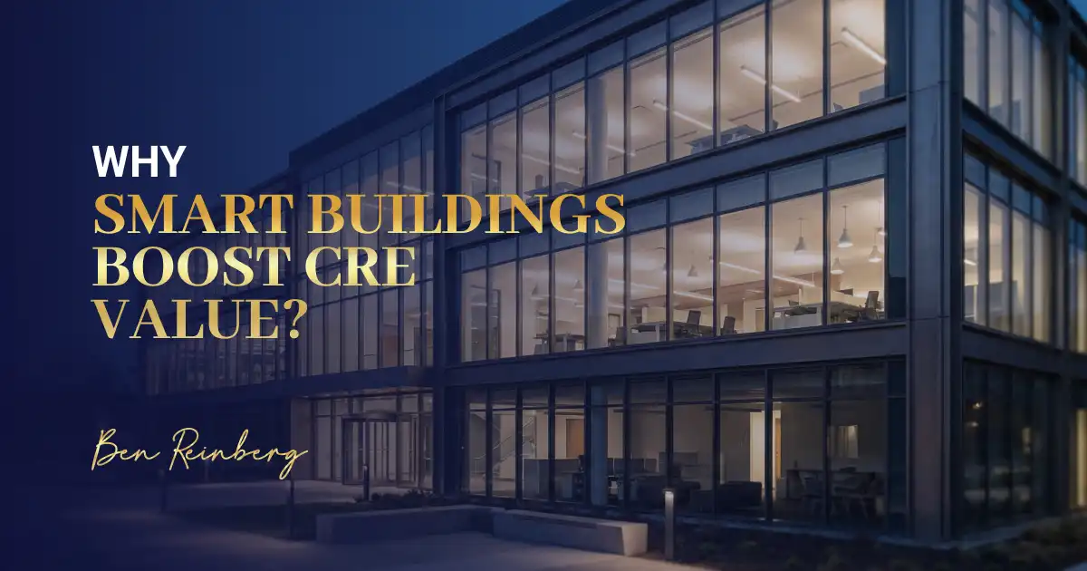 Smart building commercial real estate design with illuminated modern office exterior