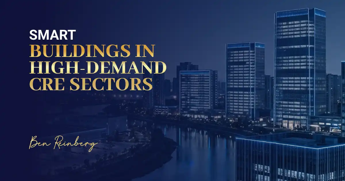 Smart building commercial real estate design with high-demand urban skyline at night