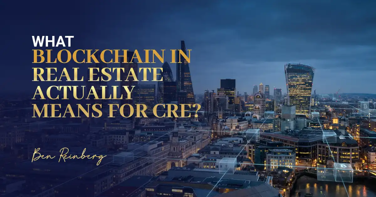 Moody city skyline at dusk with blue overlay and bold gold headline typography