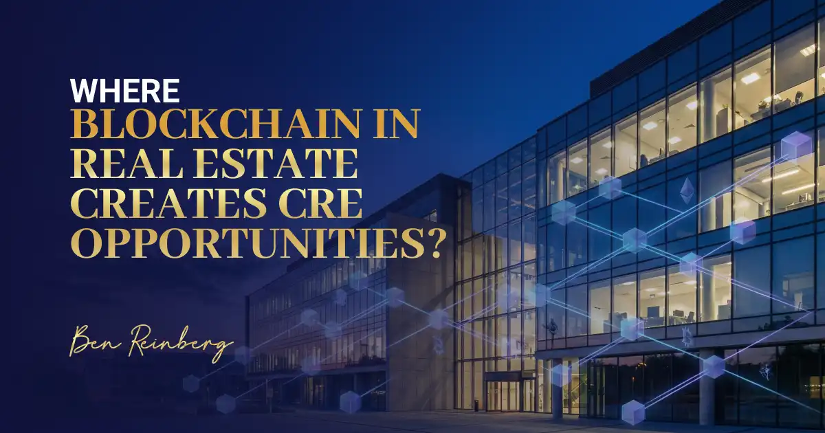 Modern glass office complex with blue gradient overlay and gold typography