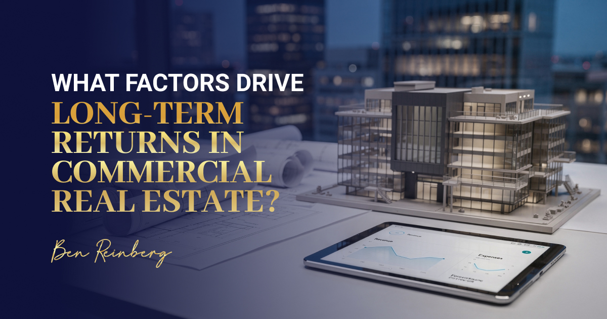 Architectural building model and tablet showing data analysis for long-term real estate returns