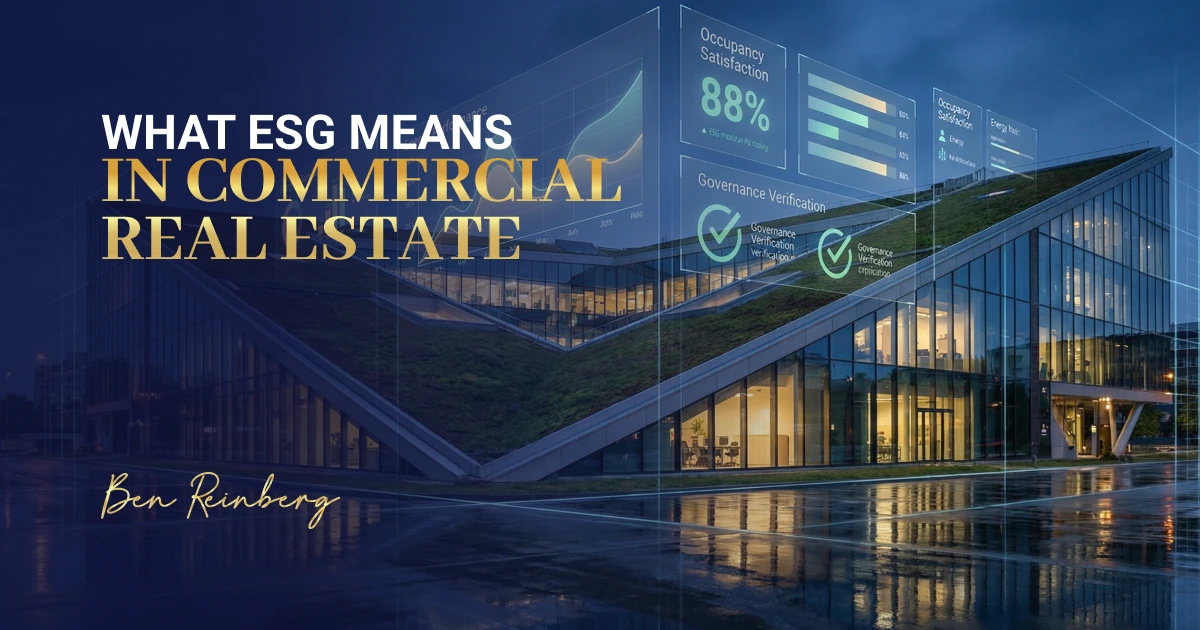 ESG in Commercial Real Estate building with sustainability metrics and governance insights