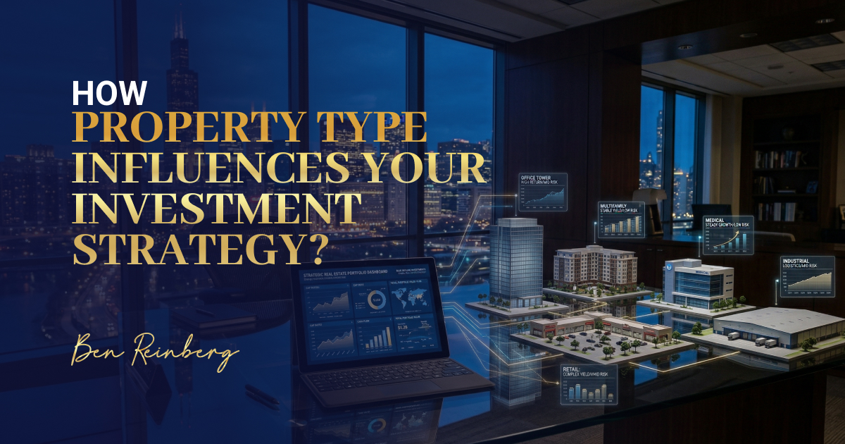 Real estate portfolio dashboard with city skyline and commercial real estate models