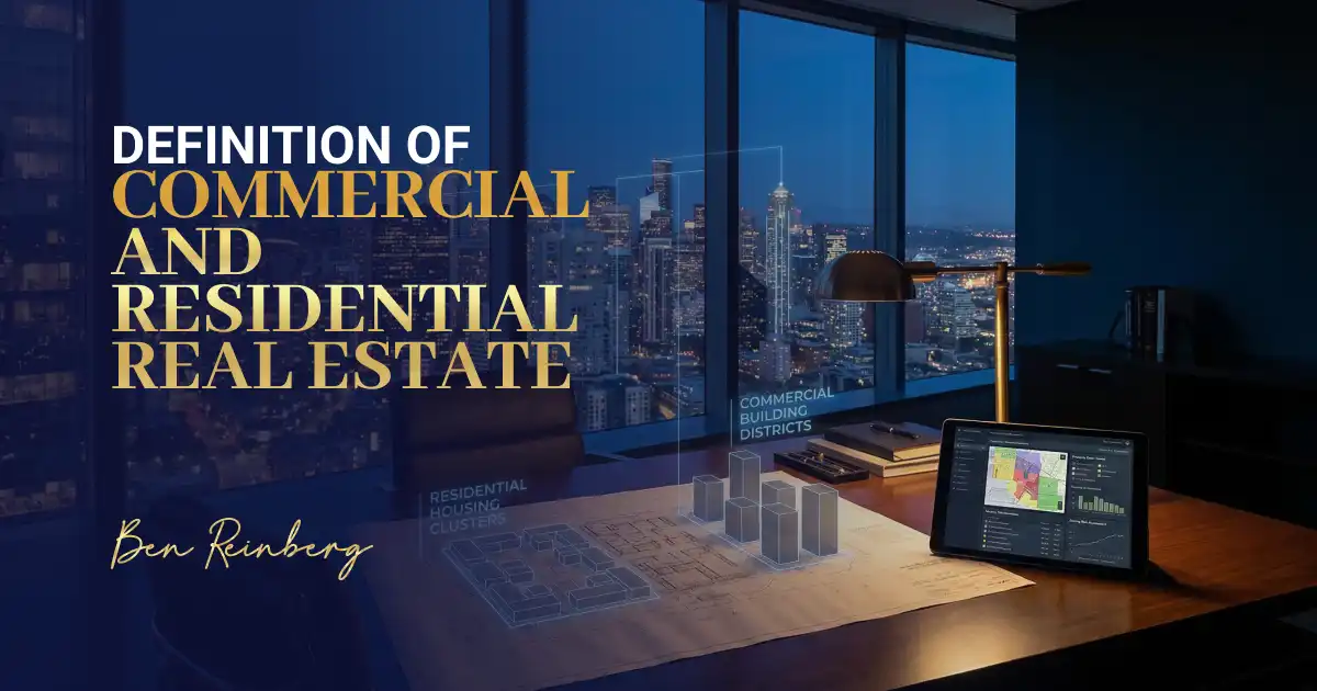 Cityscape and blueprint illustrating the definition of commercial and residential real estate.