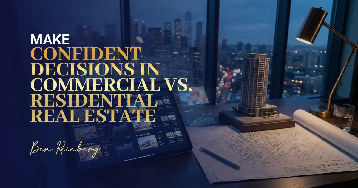 Desk setup with commercial vs residential real estate analysis and model.