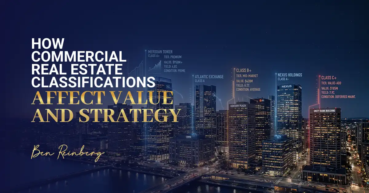 Night skyline with labeled buildings, charts, and insights on property value tiers