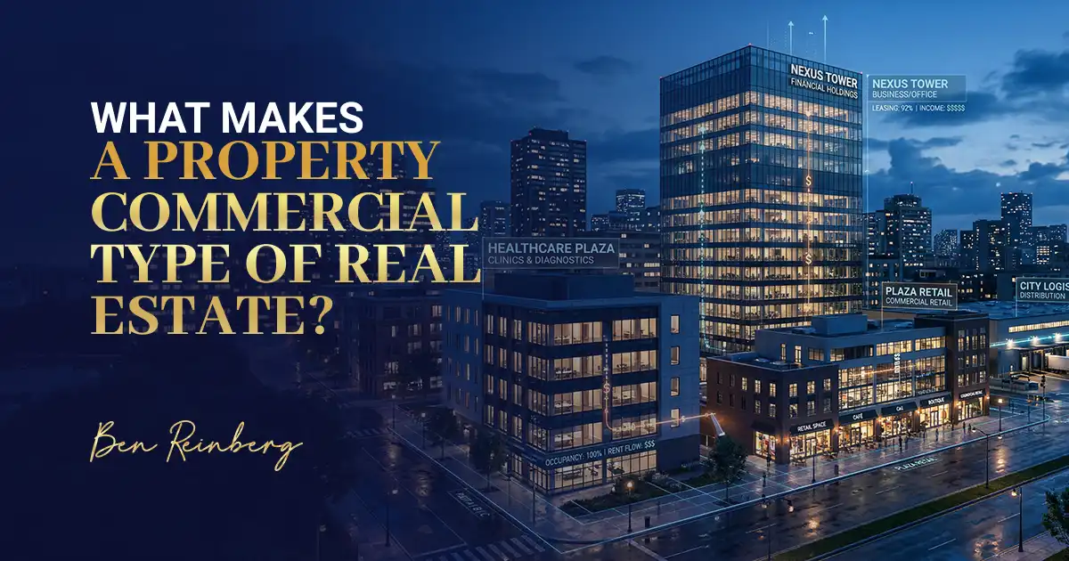 Modern cityscape with labeled office, retail and healthcare commercial real estate at night