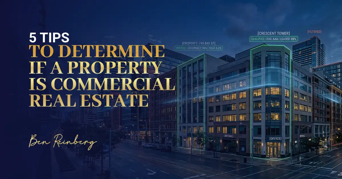 City buildings with retail and office labels, showing features of commercial real estate