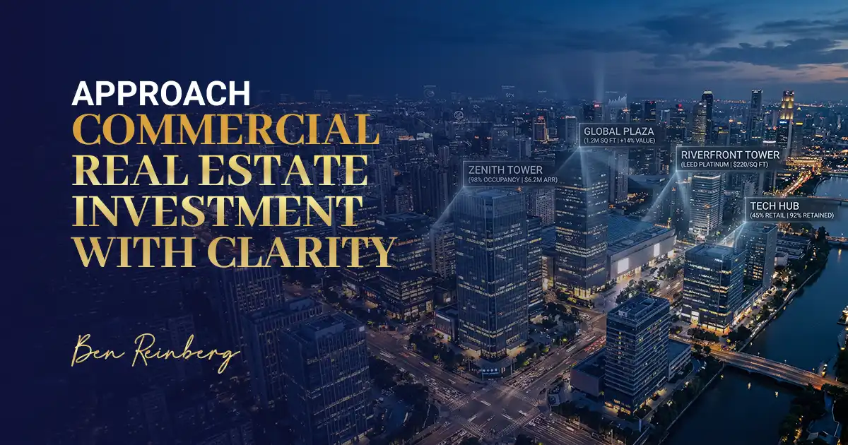 Real estate investment terms shown in modern urban cityscape