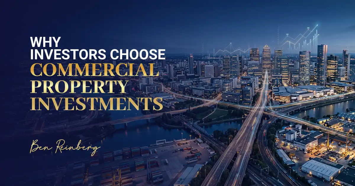 Commercial property investments city skyline highway view at night.