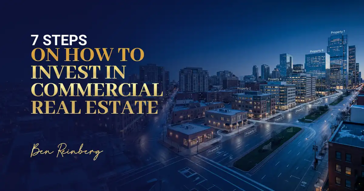 City skyline showing commercial real estate properties with labels for investment steps