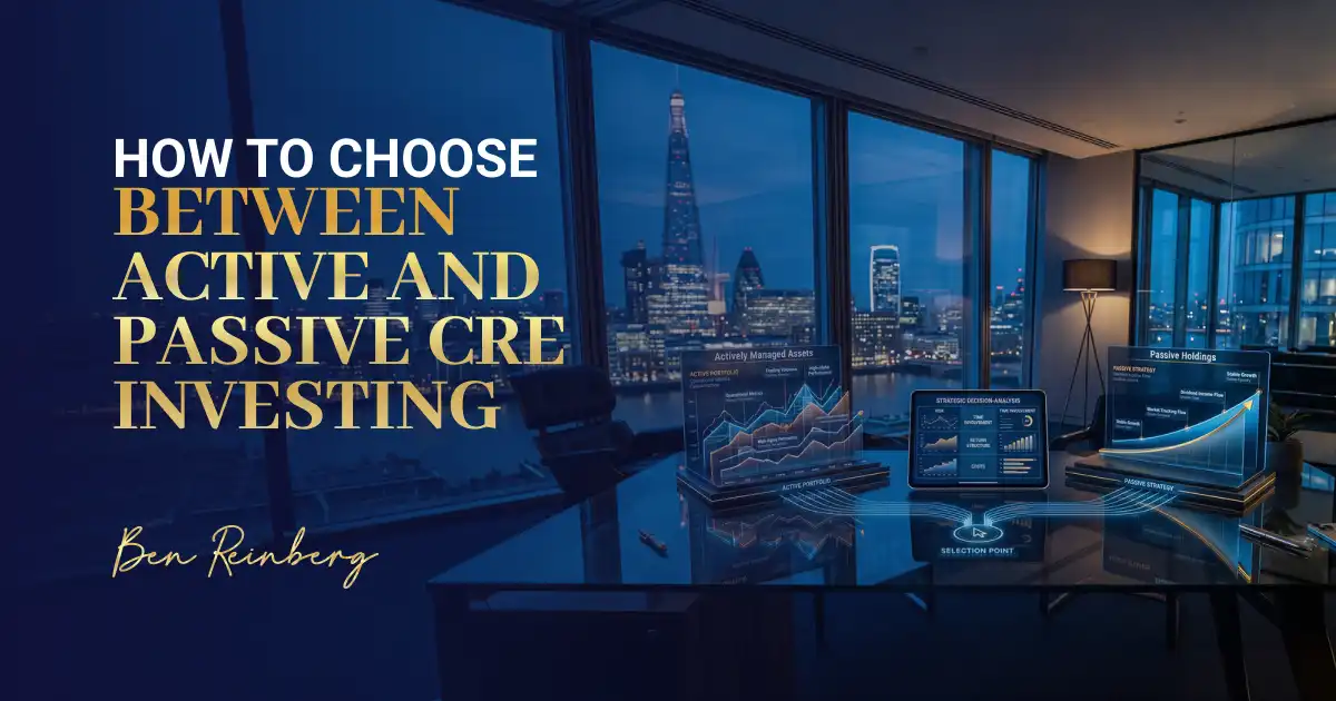 Passive real estate investing desk with data charts and skyline view at night 