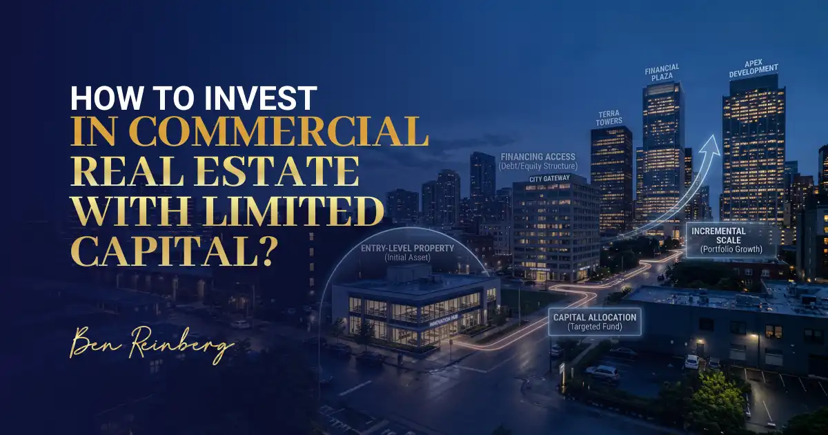 how to invest in commercial real estate with growth arrows and skyline at night 