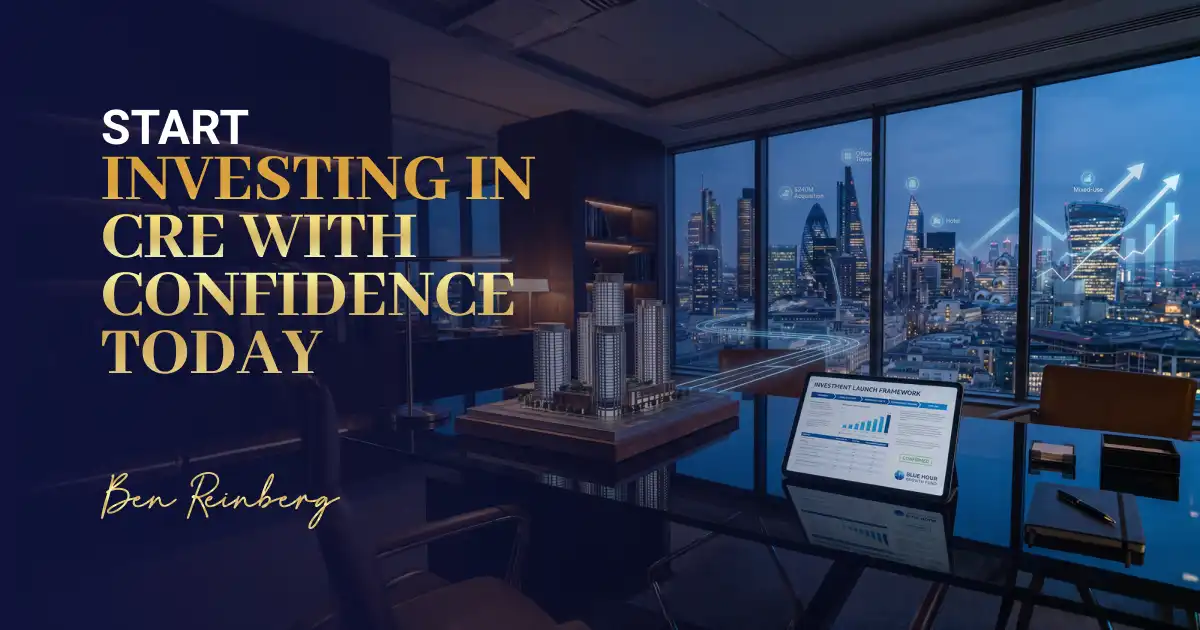 Investing in commercial real estate office desk with charts and  city skyline