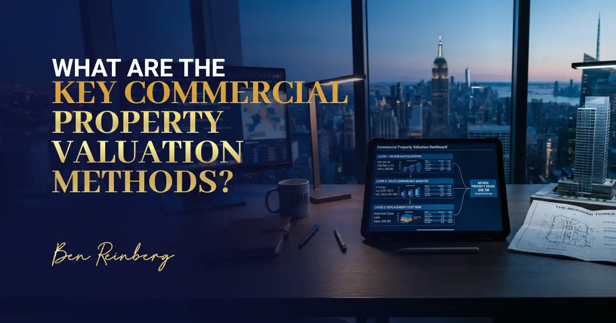 commercial real estate evaluations office desk tablet charts skyline view