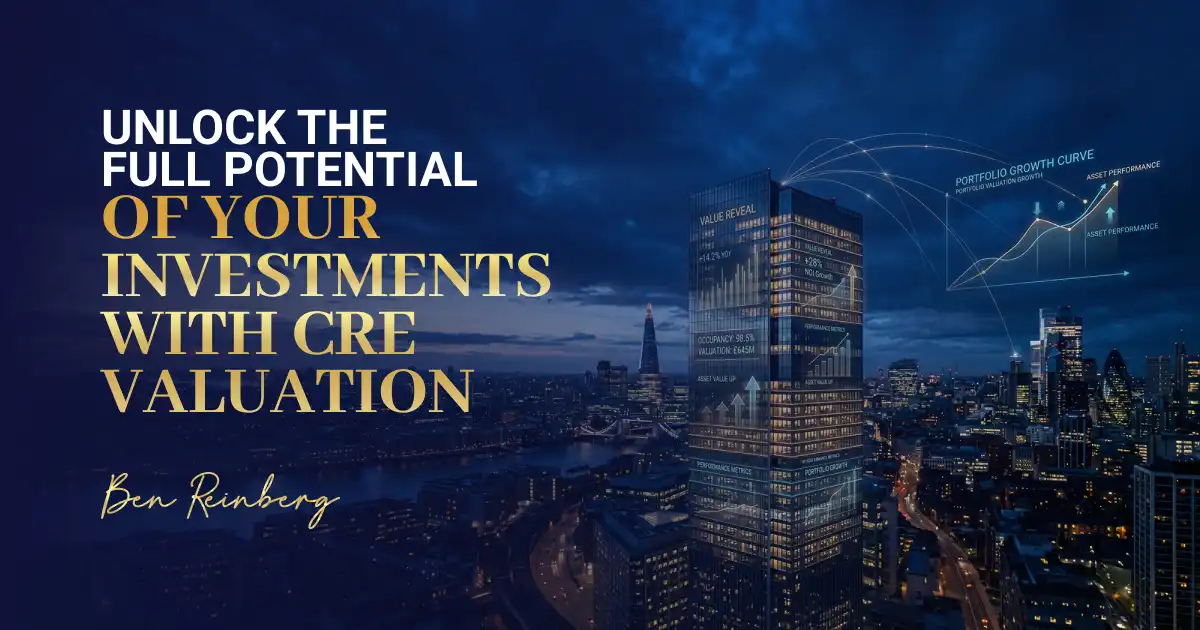 Commercial real estate evaluation with tower skyline and growth chart at night 