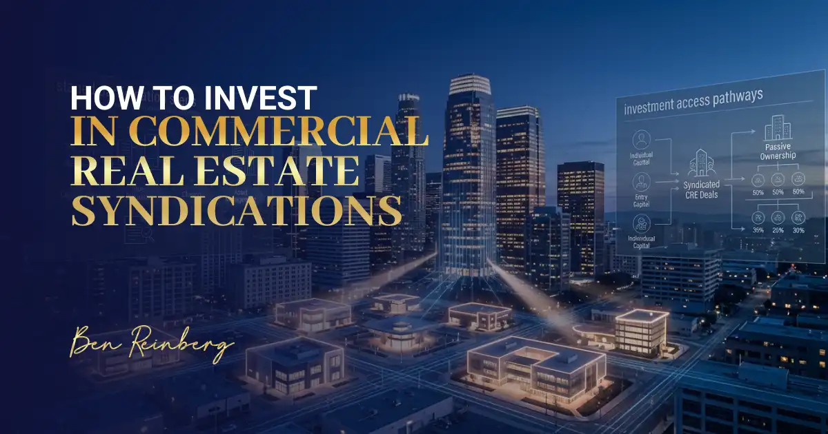 Commercial real estate syndication graphic with skyline and investment pathways