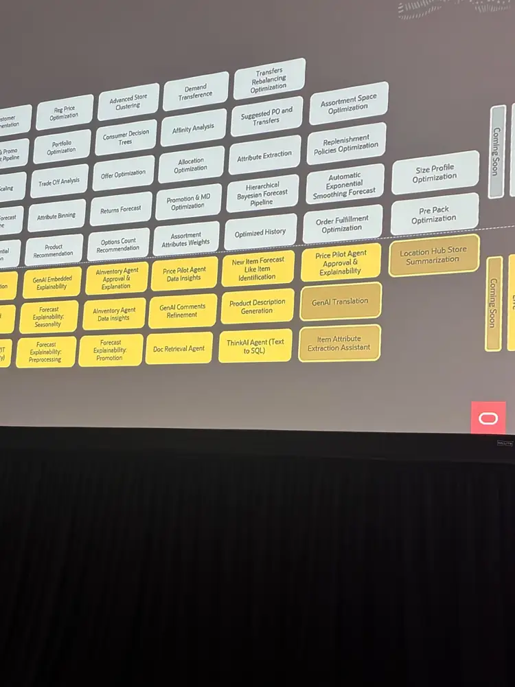 Oracle slide of retail AI capabilities including pricing and inventory agents