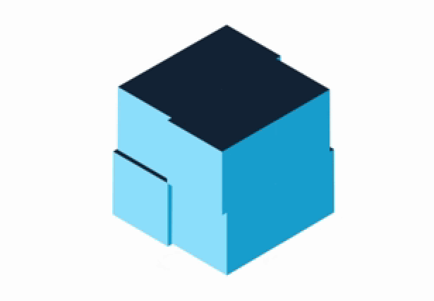 Animated 3D blue cube with light and dark blue faces rotating on a white background.