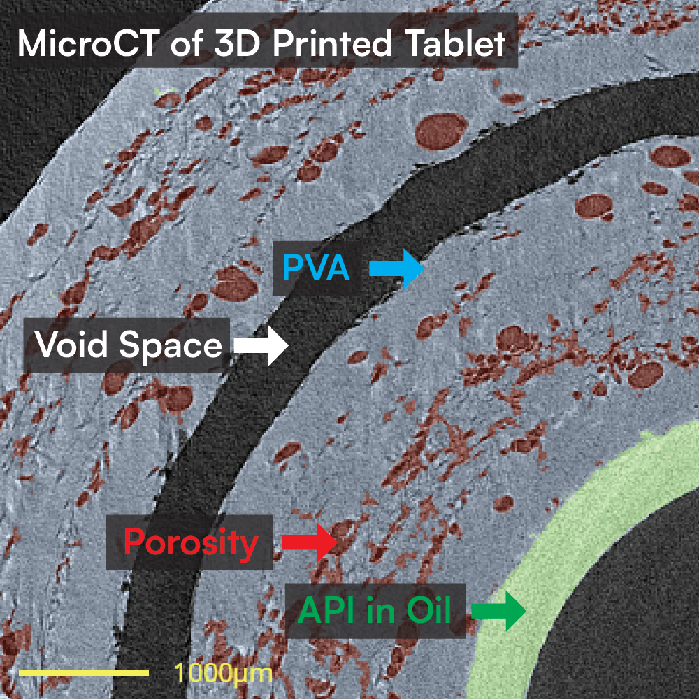 An microCT image of a tablet which has been split into 2 halves, the left showing the original image, while the right half showcases an AI machine learning semantically segmented version.