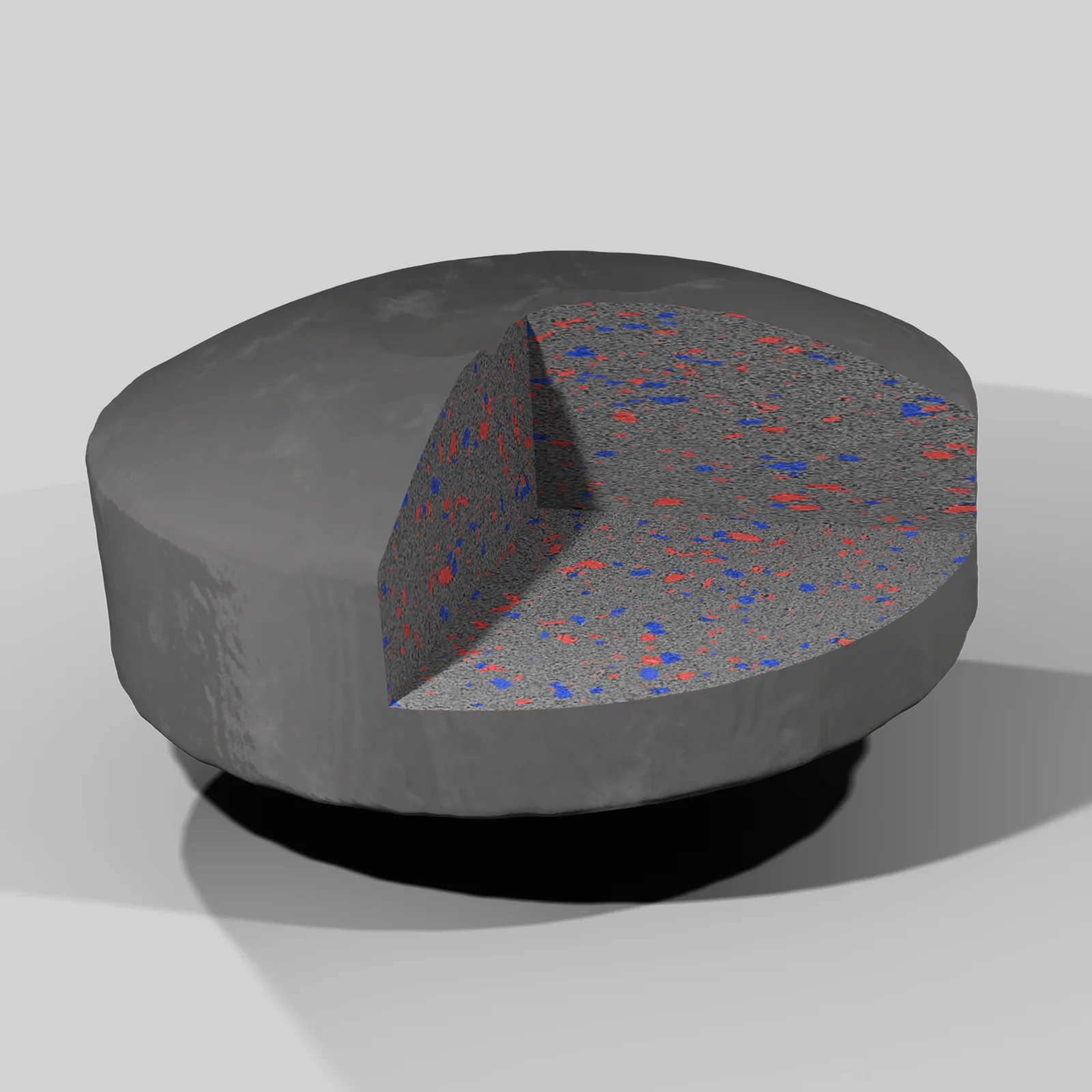 3D microstructure render of a pharmaceutical dosage form showing segmented material phases from micro-CT or electron microscopy imaging