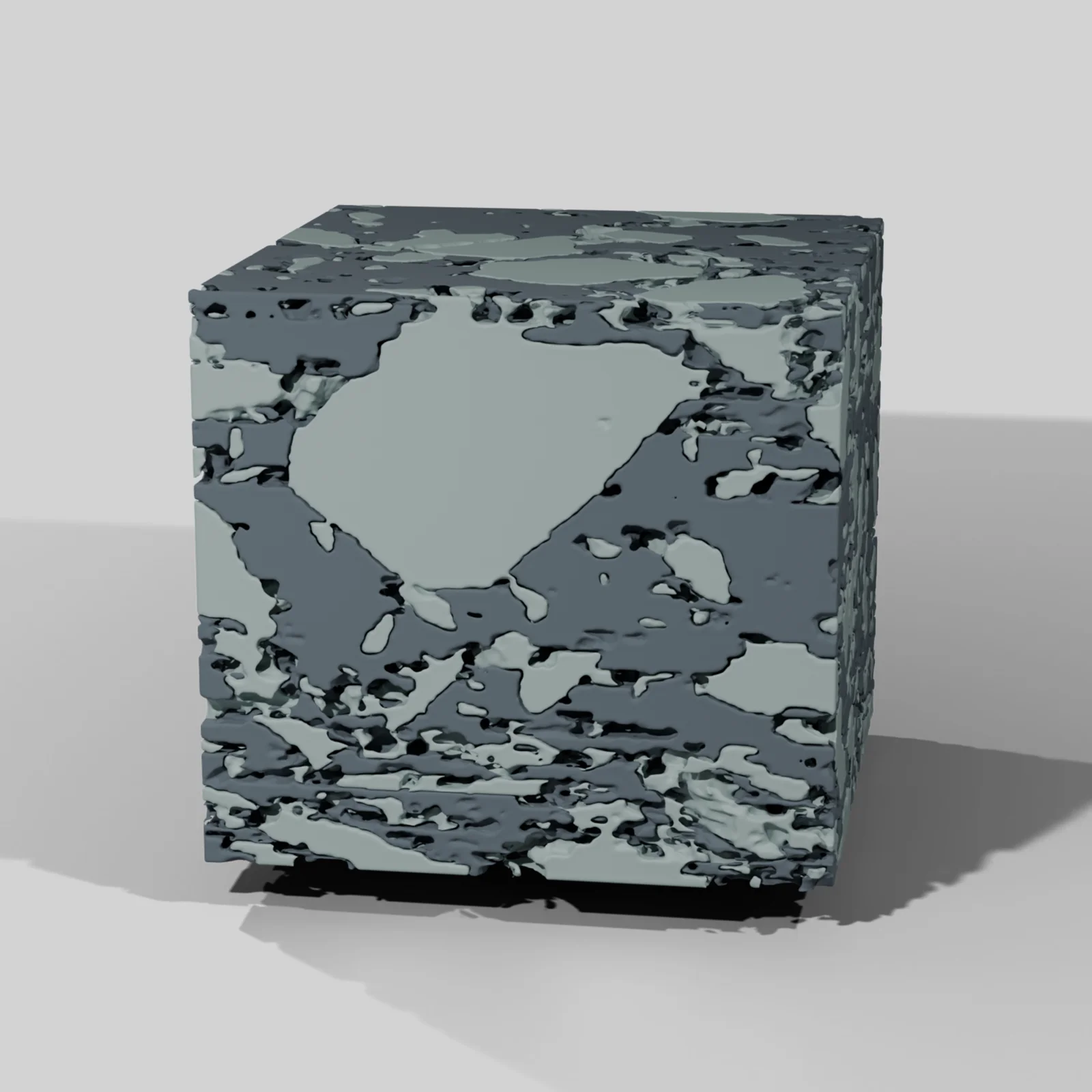 3D microstructure render of a pharmaceutical dosage form showing segmented material phases from micro-CT or electron microscopy imaging