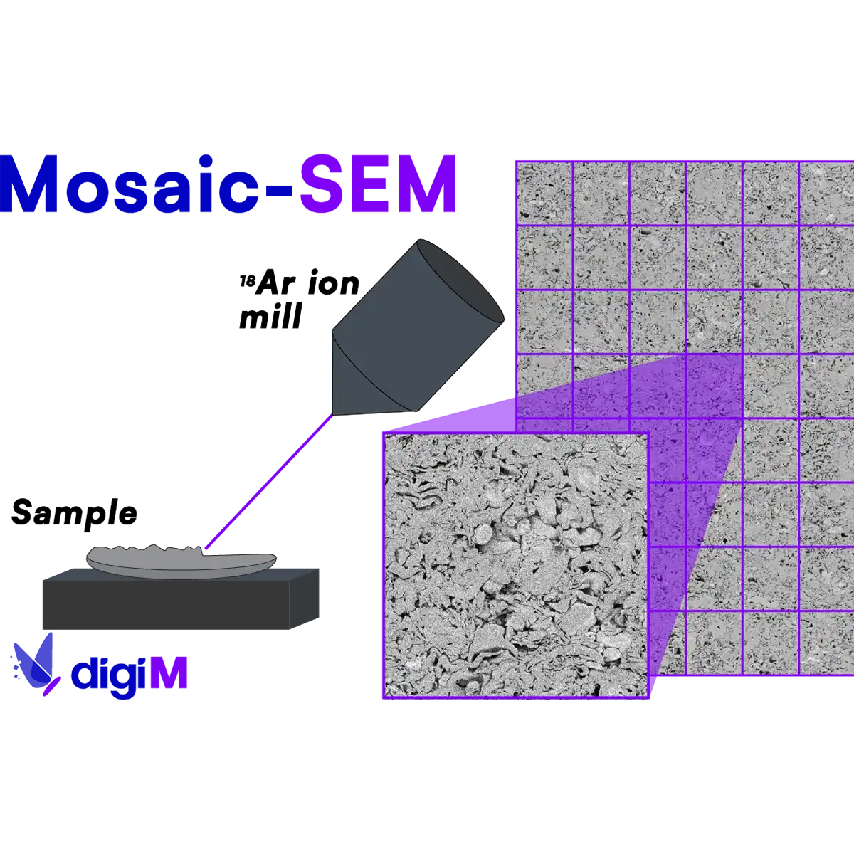 A mosaic-sem diagram showcasing how a laser is used to mill a surface, followed by a series of stitched scanning electron microscopy images are taken, revealing the highly porous structure.
