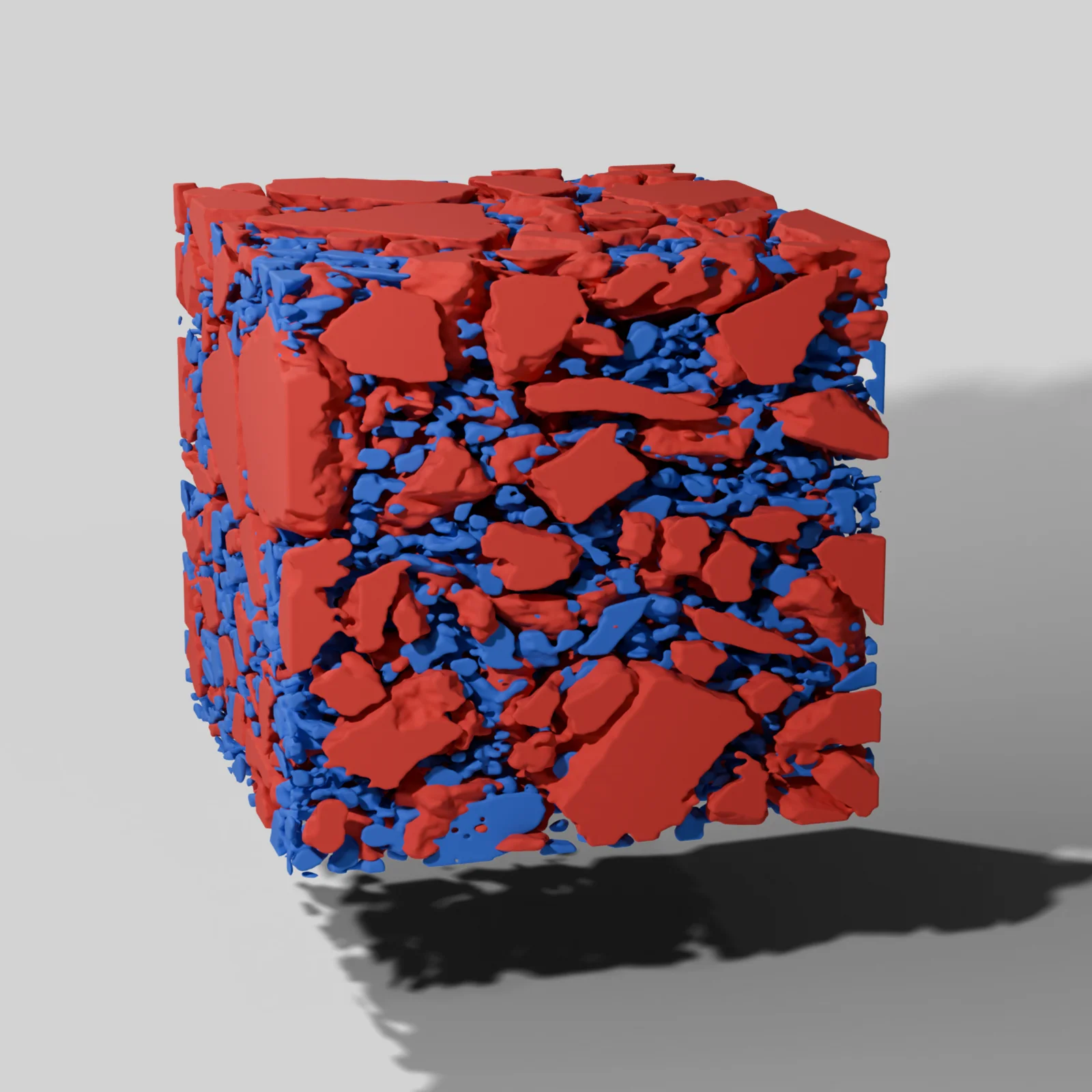 3D microstructure render of a pharmaceutical dosage form showing segmented material phases from micro-CT or electron microscopy imaging