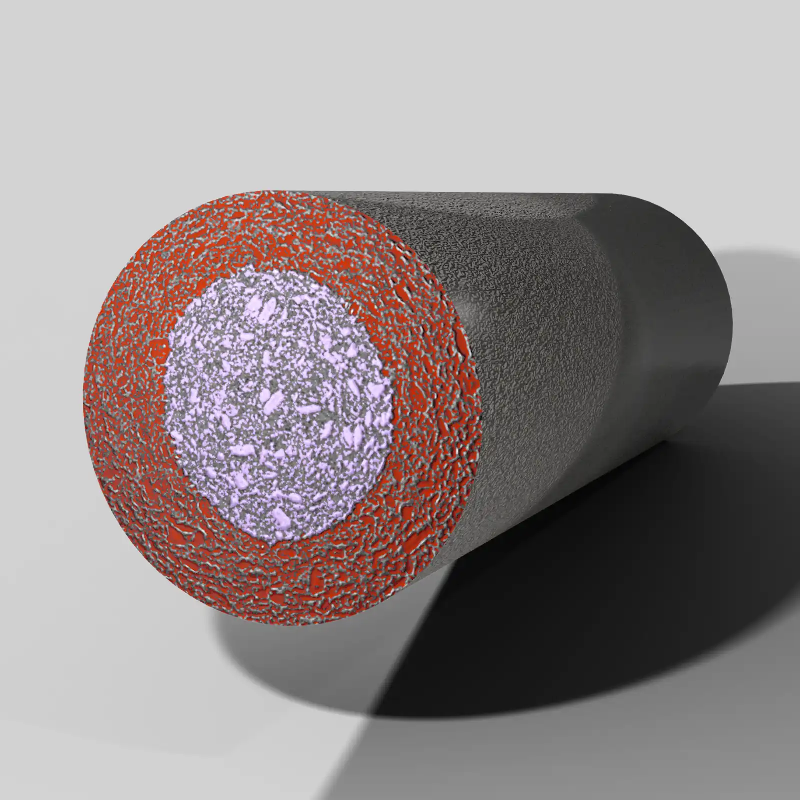 3D microstructure render of a pharmaceutical dosage form showing segmented material phases from micro-CT or electron microscopy imaging