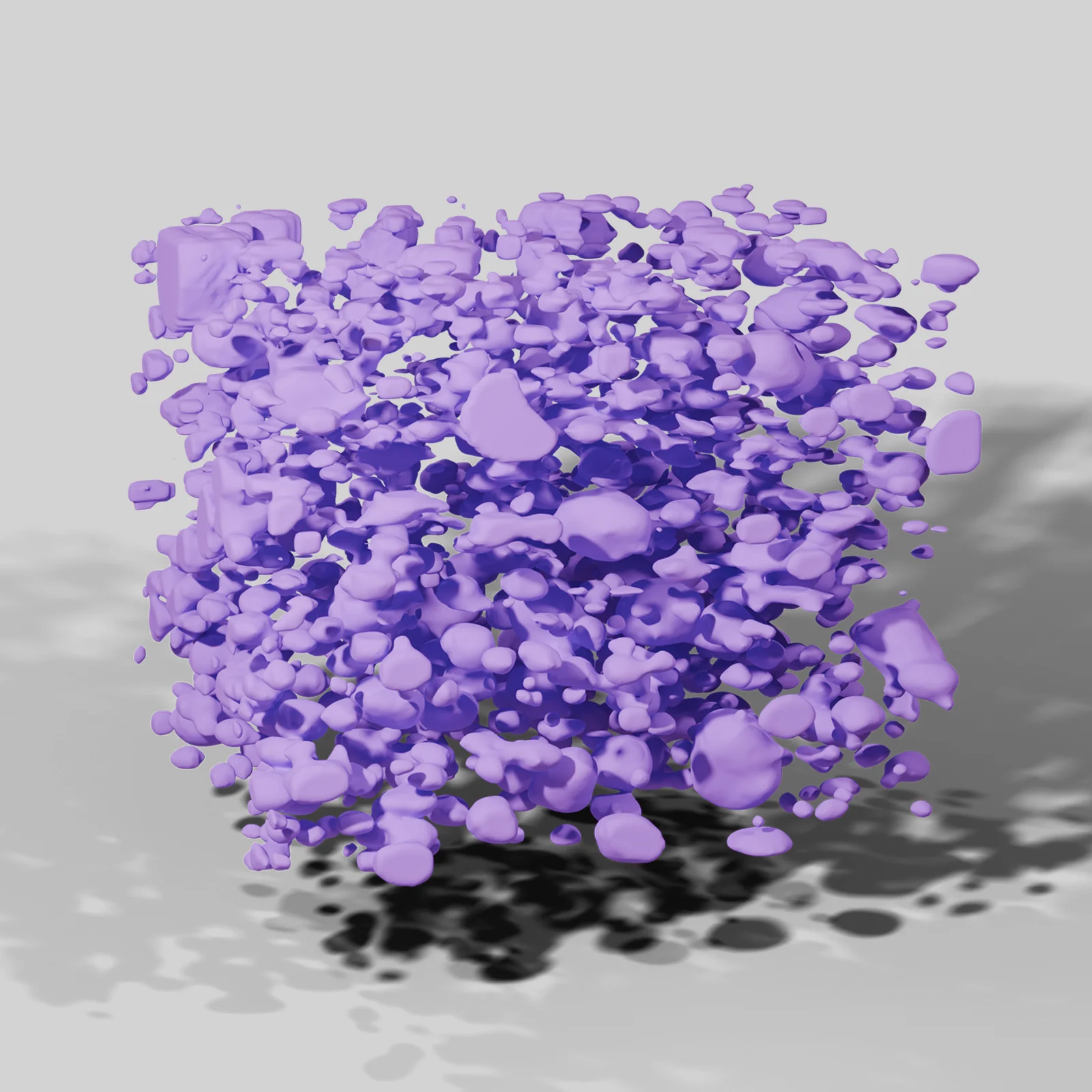3D microstructure render of a pharmaceutical dosage form showing segmented material phases from micro-CT or electron microscopy imaging