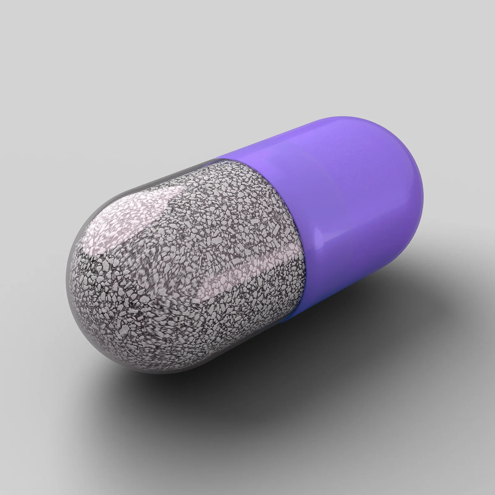 3D render of a pharmaceutical capsule from micro-CT imaging, showcasing the internal particle network and powder loading structure within
