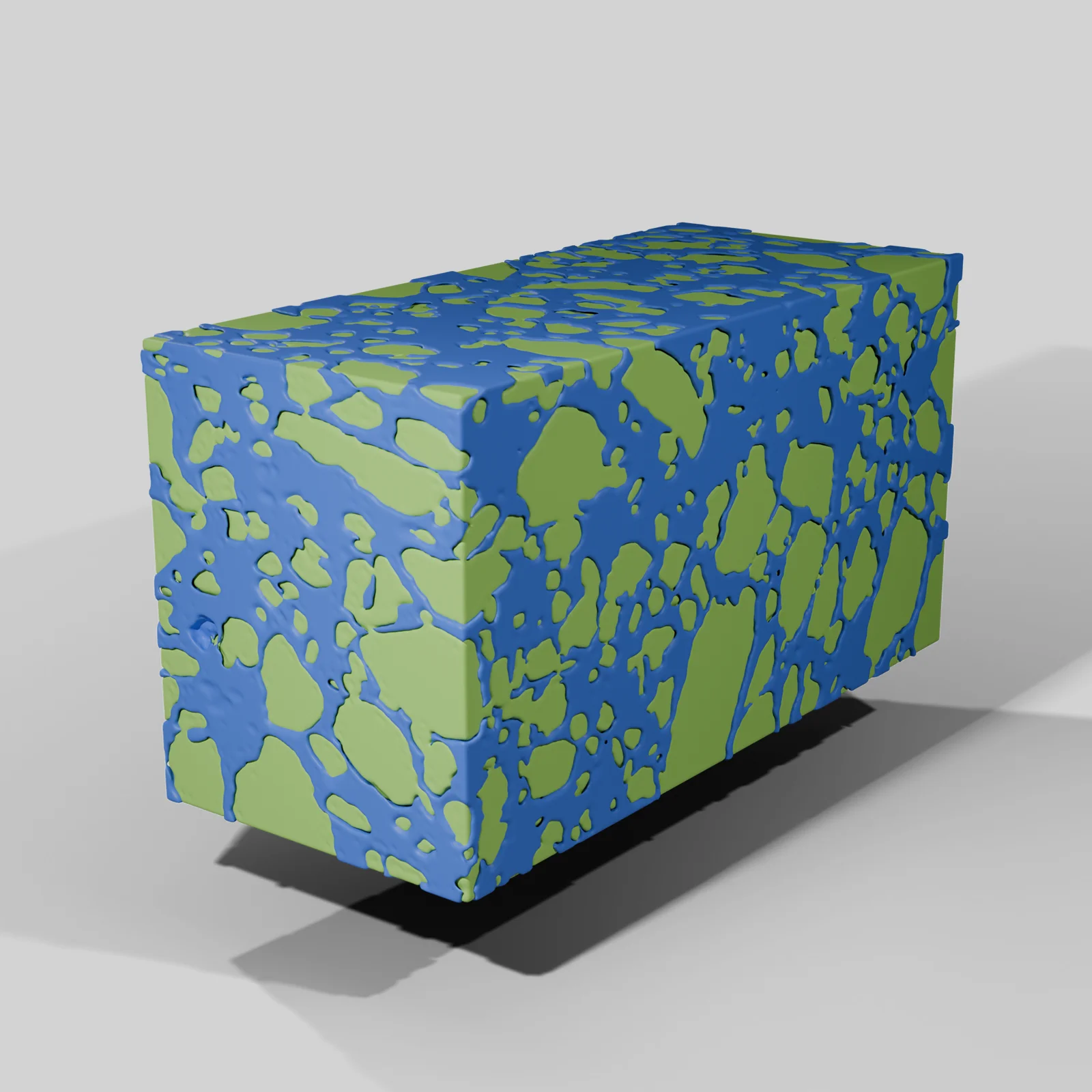3D microstructure render of a pharmaceutical dosage form showing segmented material phases from micro-CT or electron microscopy imaging