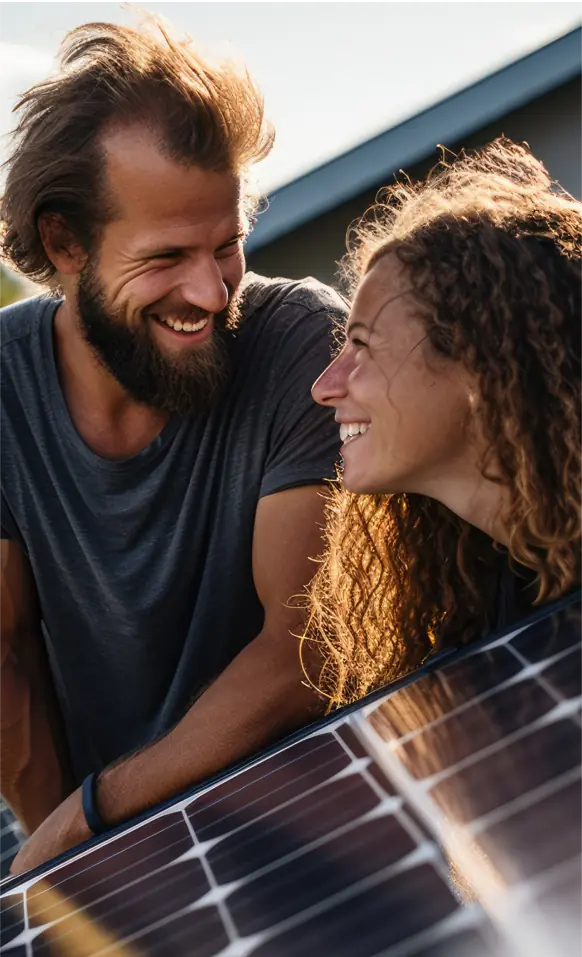 A man and a woman standing next to a solar panel.