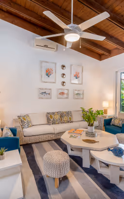 Modern living room with white sofa, blue chairs, striped rug, white ceiling fan, and framed artwork on white walls.