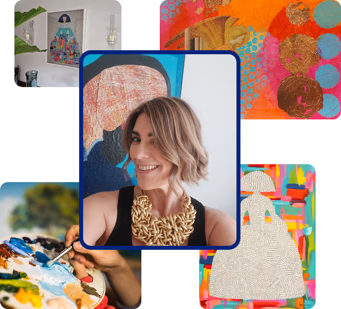Smiling woman with short blonde hair and a chunky gold necklace taking a selfie in front of a colorful painting, surrounded by four smaller artworks including abstract and figurative paintings.