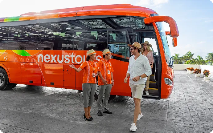 Three bright orange Nexus Tours vans parked in a row in front of a modern building with palm trees.