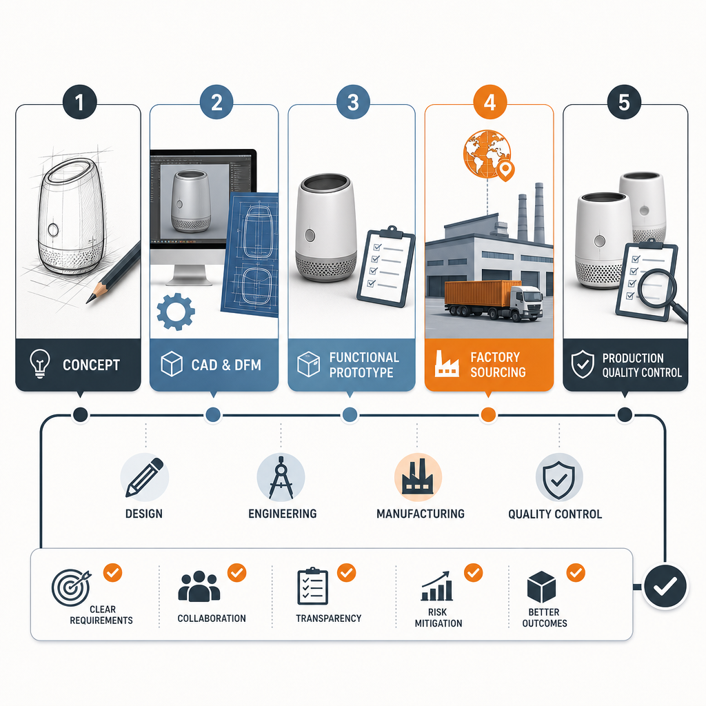 Five-stage product development workflow from concept sketch through engineering, prototyping, factory sourcing, and quality control
