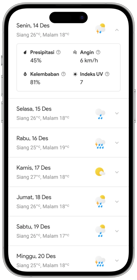 A weather forecast app for Android showing current weather conditions, hourly and daily forecasts