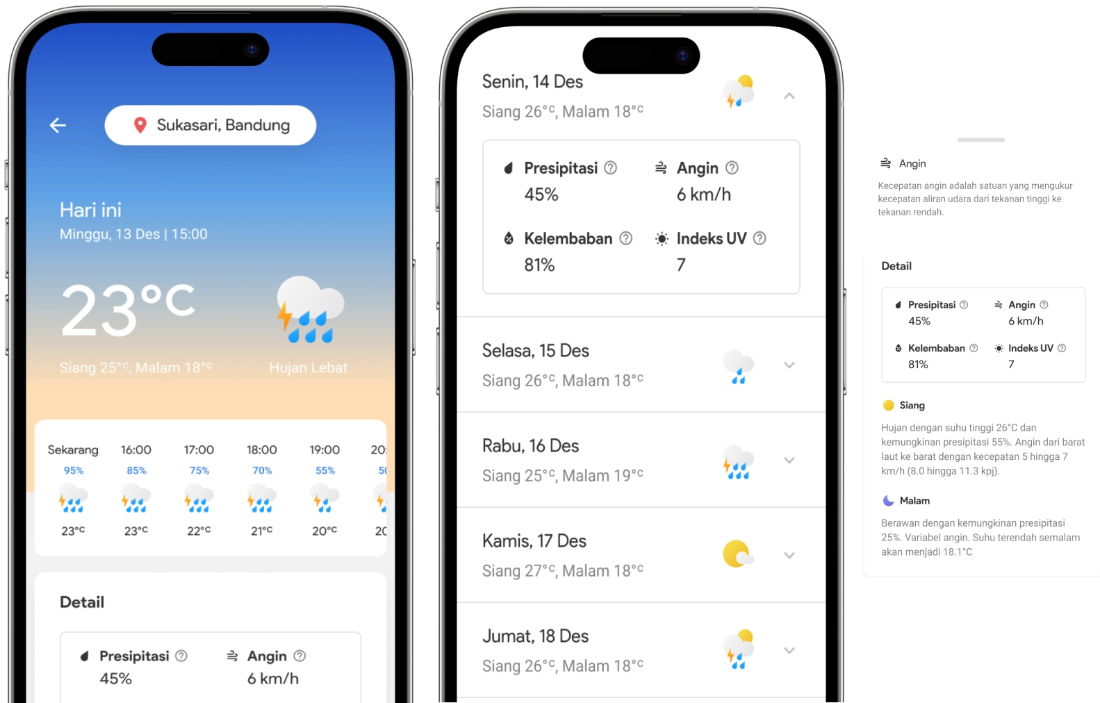 Weather app on iPhone and Android phones showing current conditions and forecast