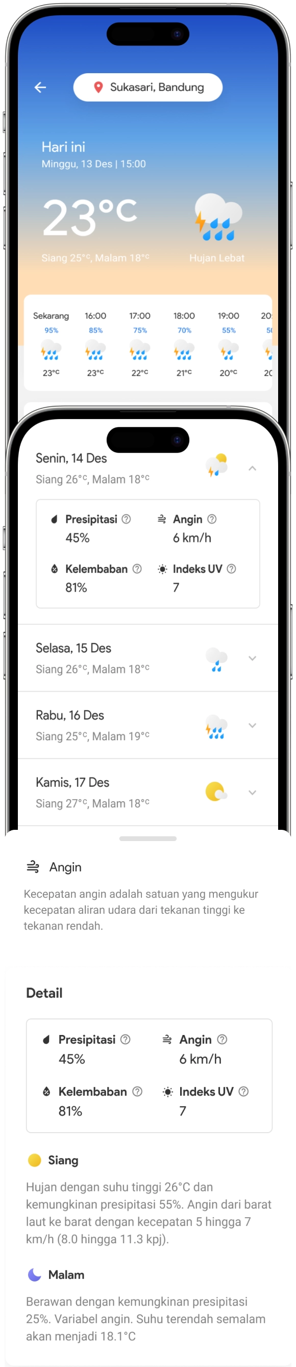 Weather app on iPhone and Android phones showing current conditions and forecast