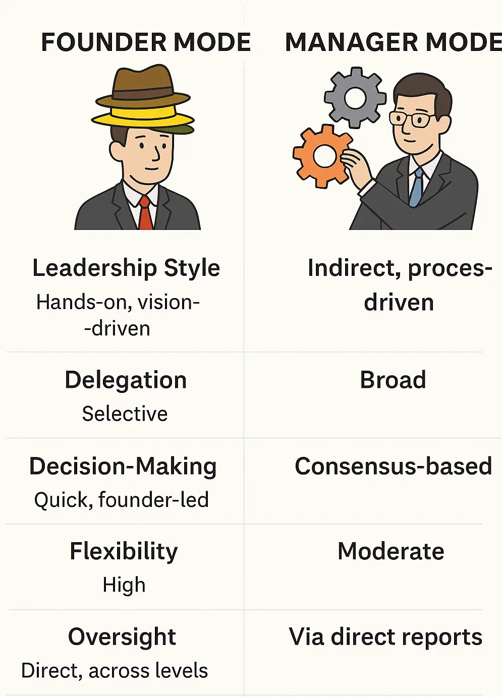 Founder Mode vs. Manager Mode infographic showing key differences in leadership, delegation, and decision-making