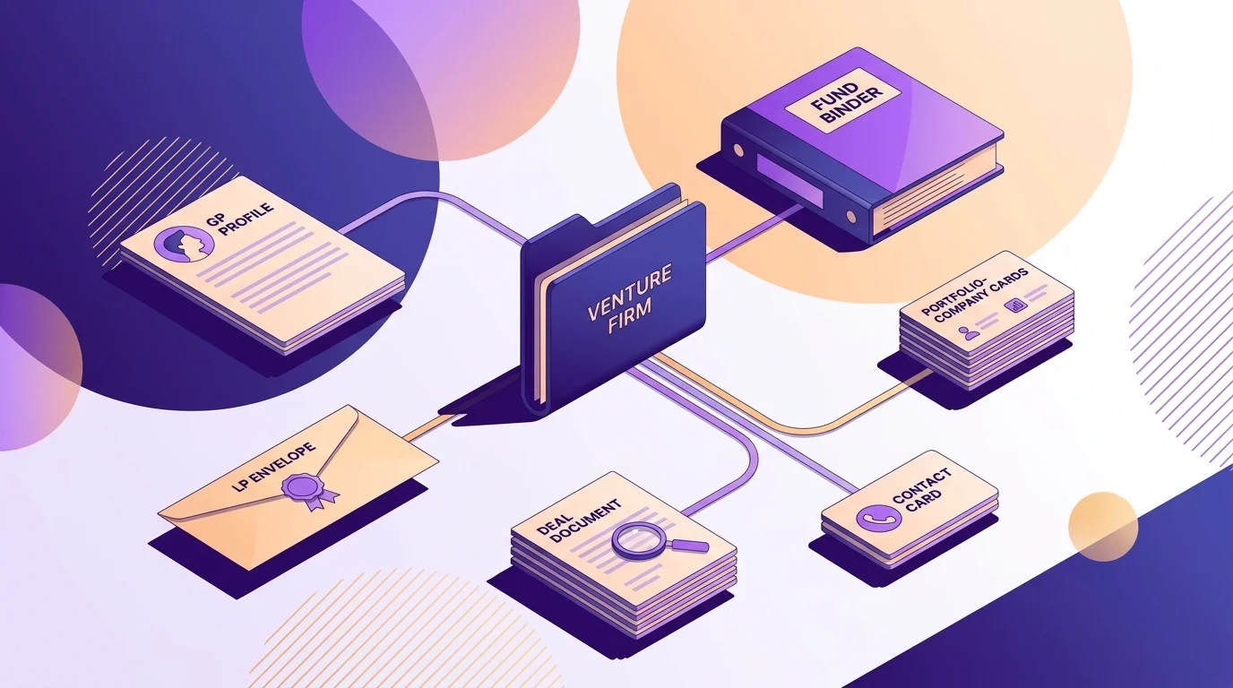 For the definition section, show one venture firm branching into separate fund, portfolio-company, GP, LP, deal, and contact records, making the difference between data objects visible; request no text.