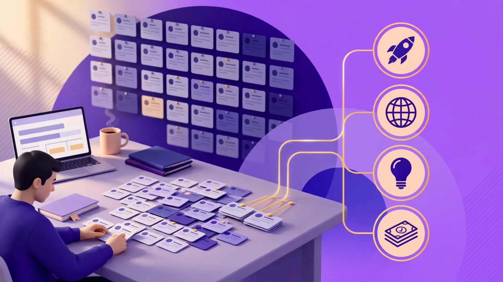For the opening answer, show a founder at a desk turning a crowded wall of investor profiles into a focused shortlist with visual cues for stage, geography, thesis, and check size; request no text.
