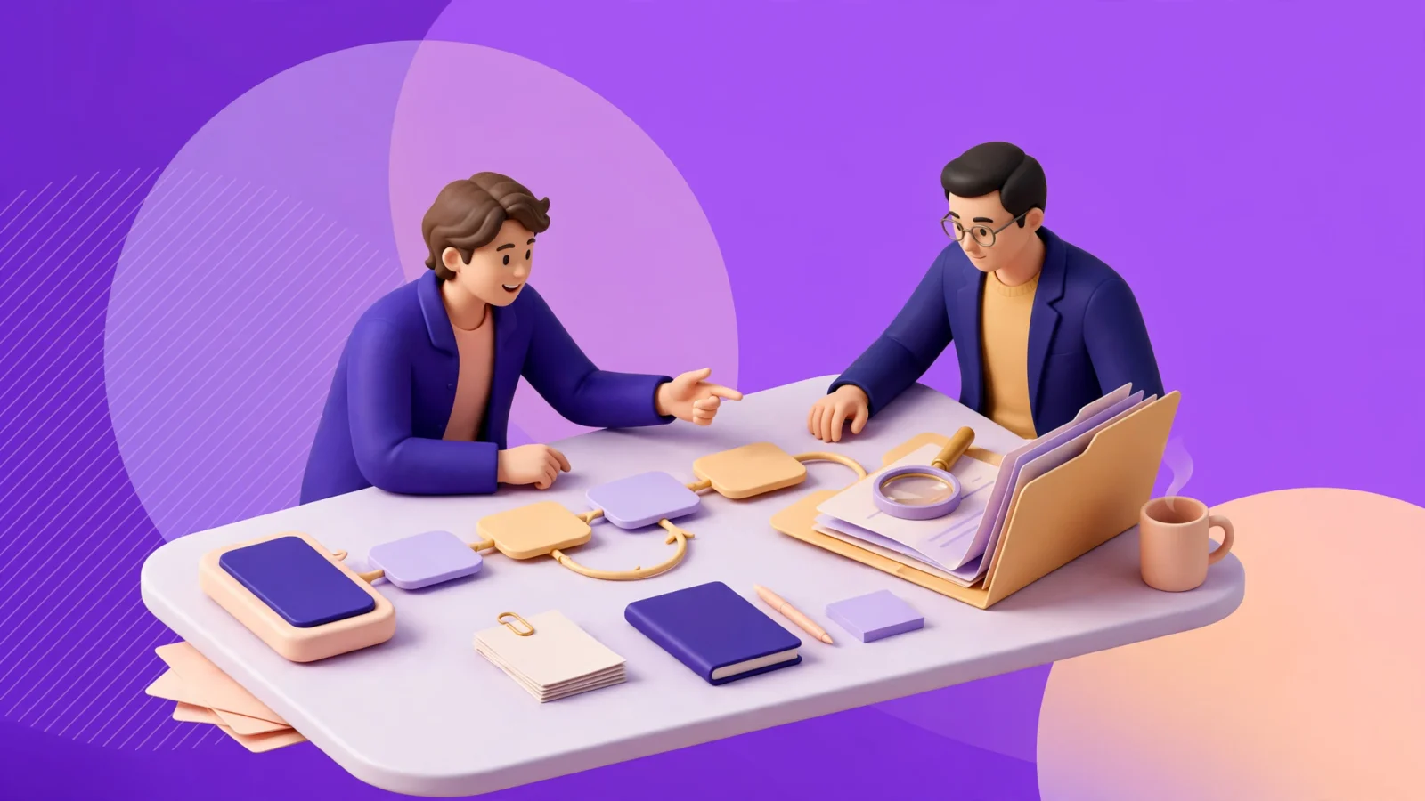 A founder walks an investor through a payments or lending product while a financial-services specialist reviews customer flows and compliance documents; request no readable text.
