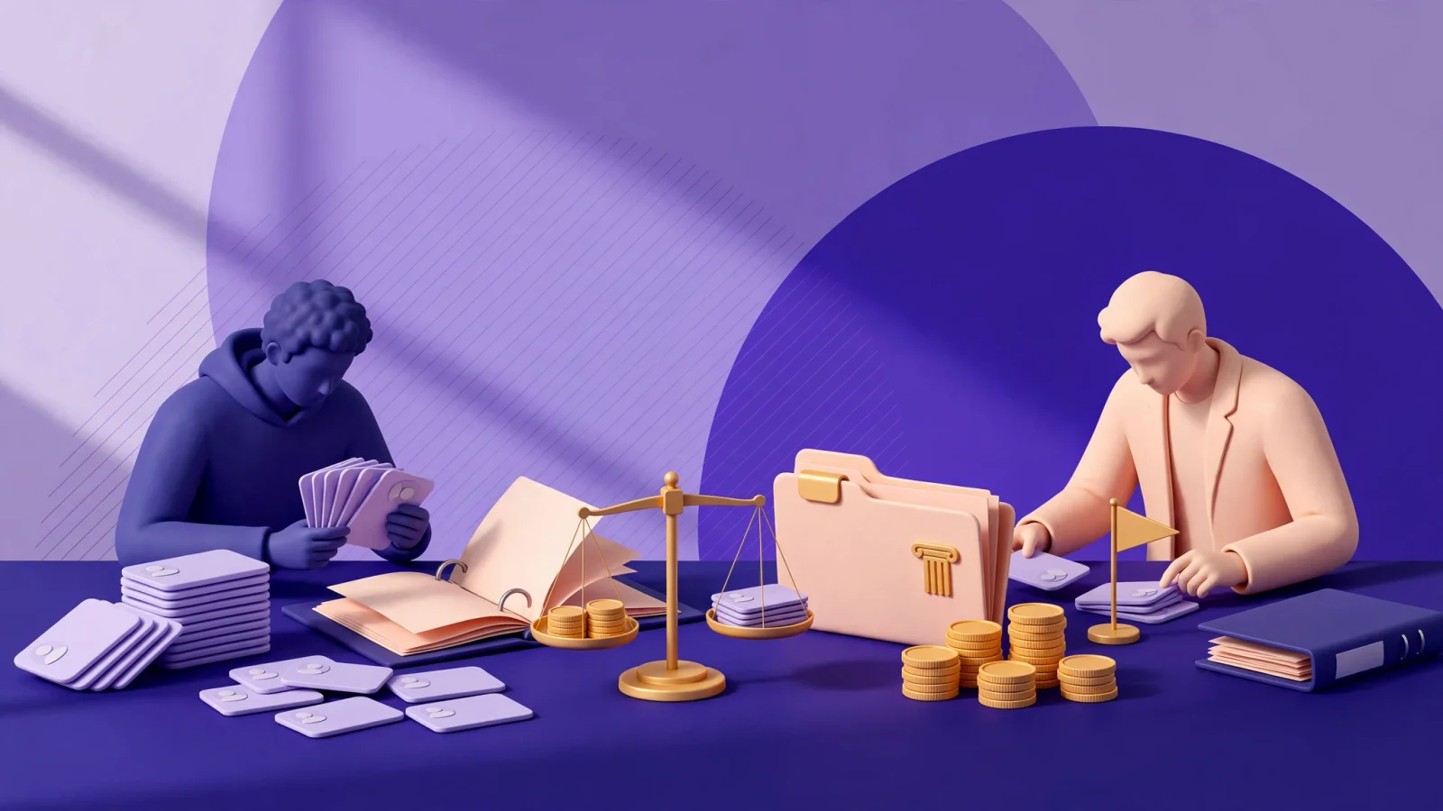 A wide editorial scene of fintech founders sorting investor profiles beside a round model while weighing check size, lead preference, and regulatory expertise; request no readable text.