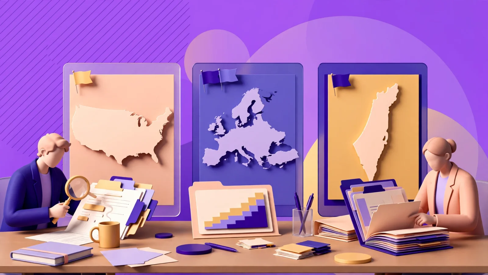 Coverage and validation: A cross-border investment team compares US, European, and Israeli startup hubs while one teammate checks a financing history and another verifies a fund record; no text.