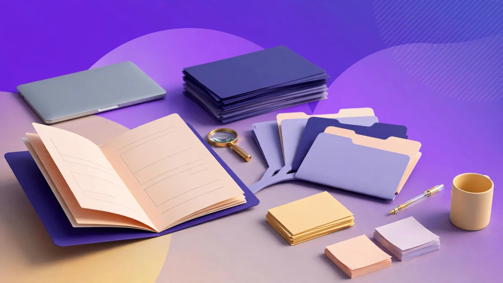 Specialist workflow: An emerging-manager researcher traces a newly launched fund from a dossier to relevant portfolio companies, LP relationships, and contact notes at a calm office desk; no text.