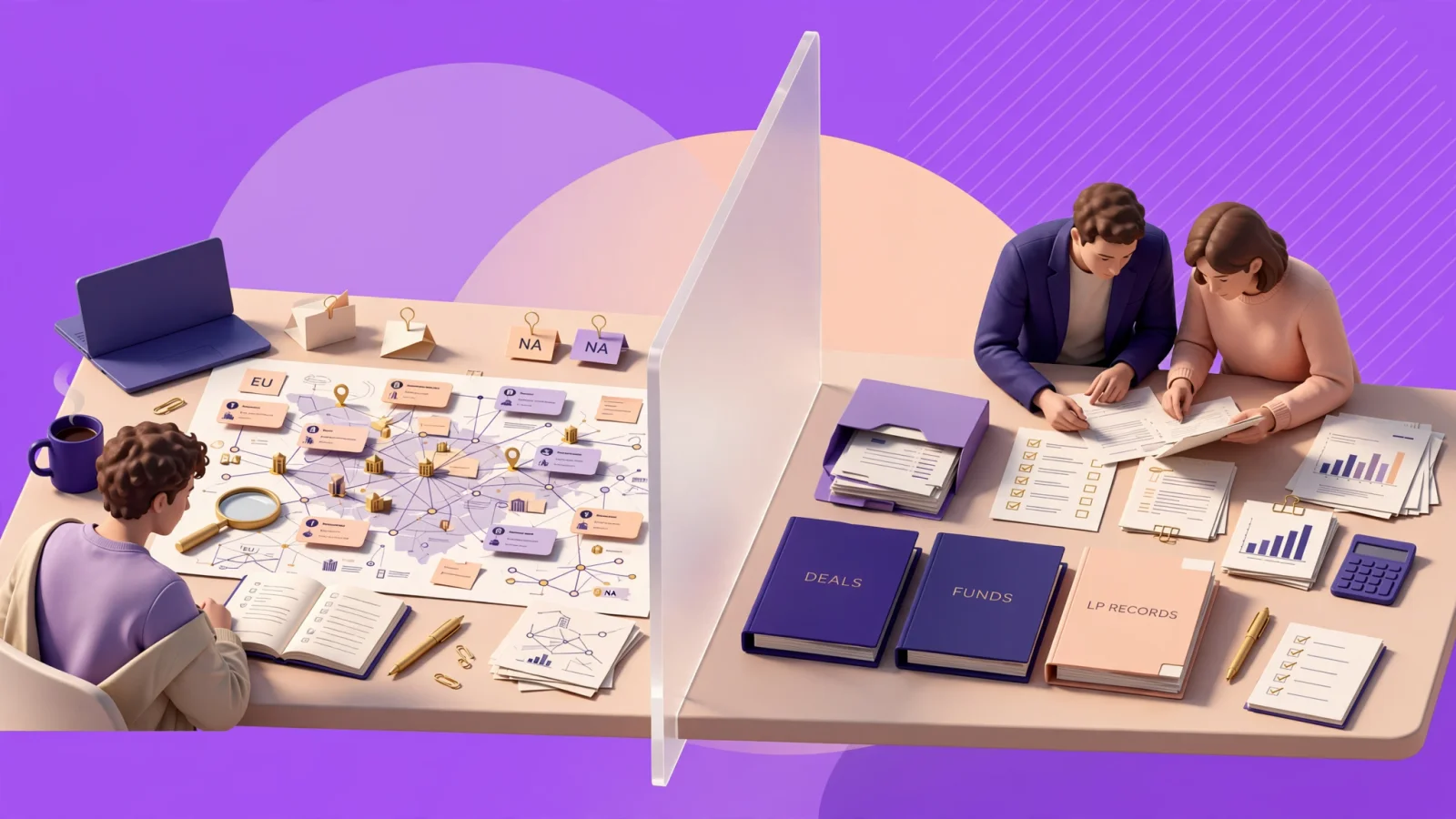 Opening comparison: A founder and a small VC team work at a split research desk, with one side centered on a startup ecosystem map and the other on deal, fund, and LP records; no text.