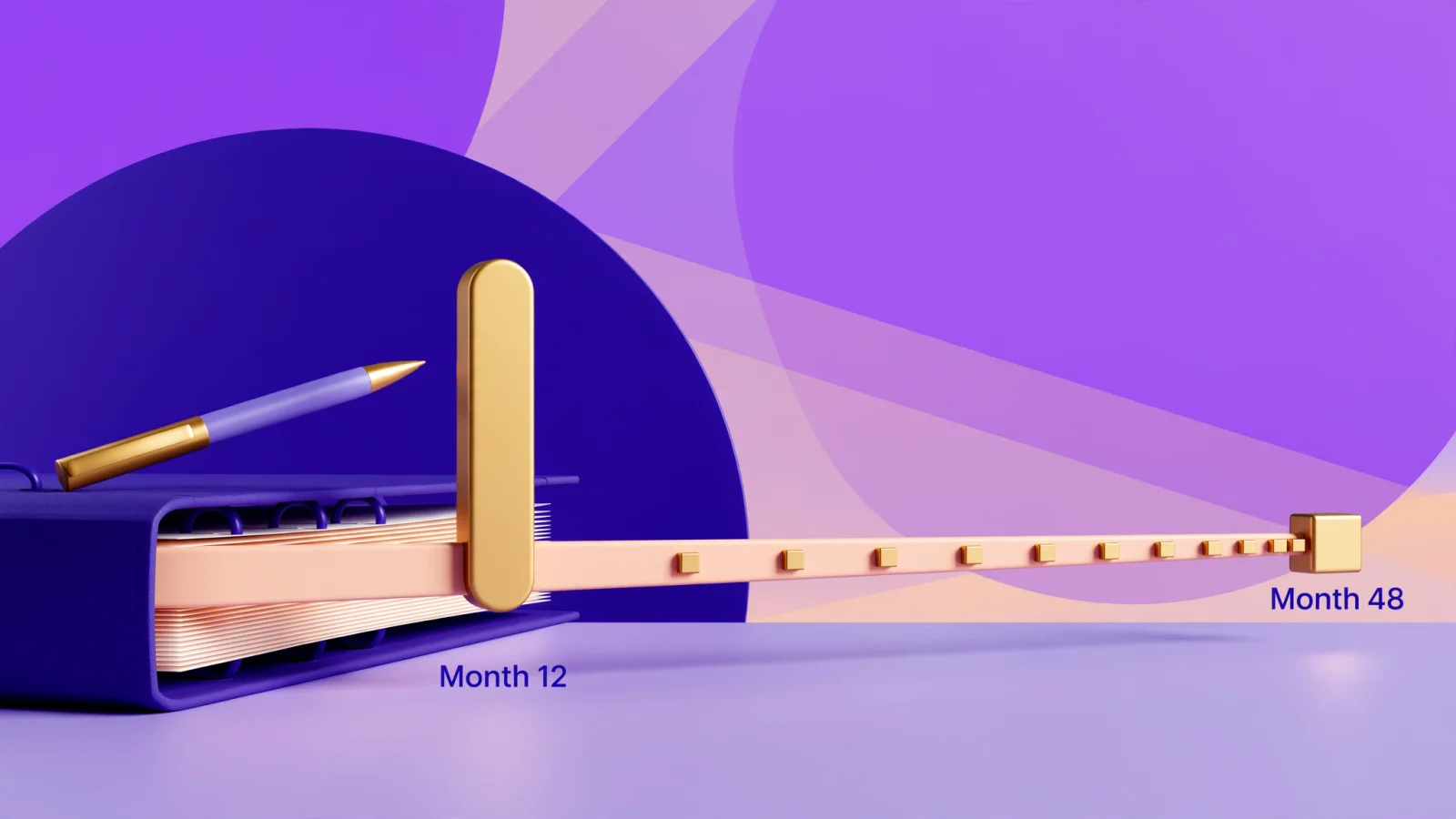 A clean wide timeline illustration showing a 48-month founder-vesting path, a pronounced first-anniversary cliff, and smaller monthly milestones afterward, using only the labels "Month 12" and "Month 48" and no other text.
