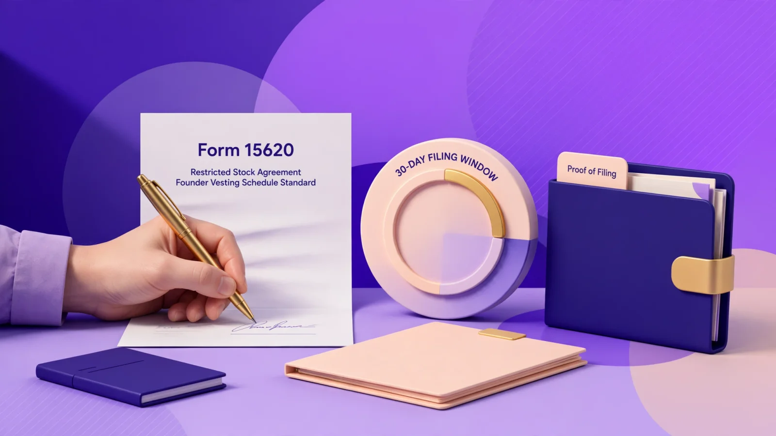 A wide desk scene showing a founder signing restricted-stock documents beside Form 15620, a calendar countdown, and a proof-of-filing folder, using only the document label "Form 15620" and no other text.